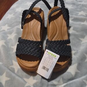 CROCS Black Brooklyn Woven Braided Ankle Strap Wedges, NEW WITH TAG